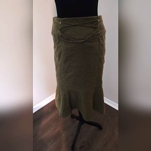 Skirt Green Cotton Linen Mix 12 Hi Low 7th Ave EUC trumpet midi